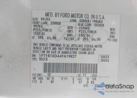 2004 Ford Ranger Xl/Xlt из США, поврежденный, VIN 1FTYR10D44PA19827